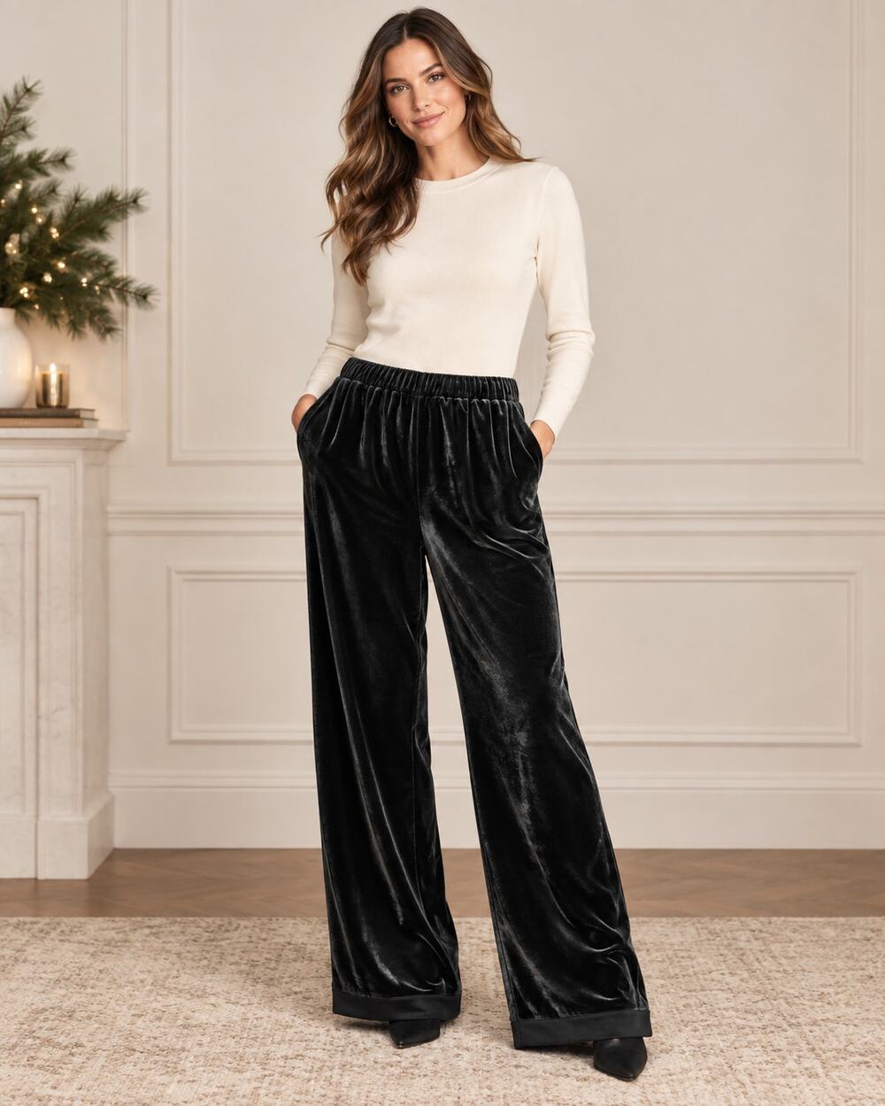 Tuckernuck Black Velvet Velour Pants Large Pull On Stretch Wide Leg Holiday